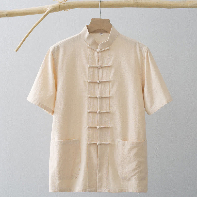 Tactile Cotton Linen Stand Collar Frog Button Meditation Shirt