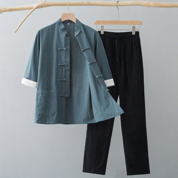 Traditional Frog-Button Tang Suit Cotton Half Sleeve Top Pants Clothing Men's Set