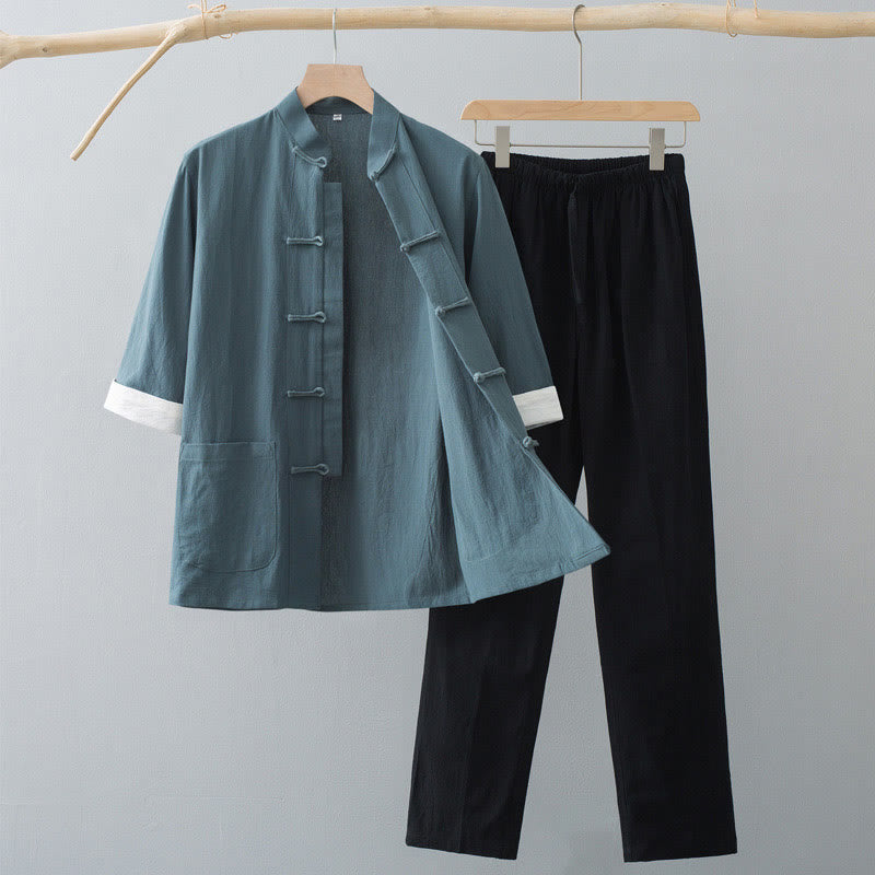 Traditional Frog-Button Tang Suit Cotton Half Sleeve Top Pants Clothing Men's Set