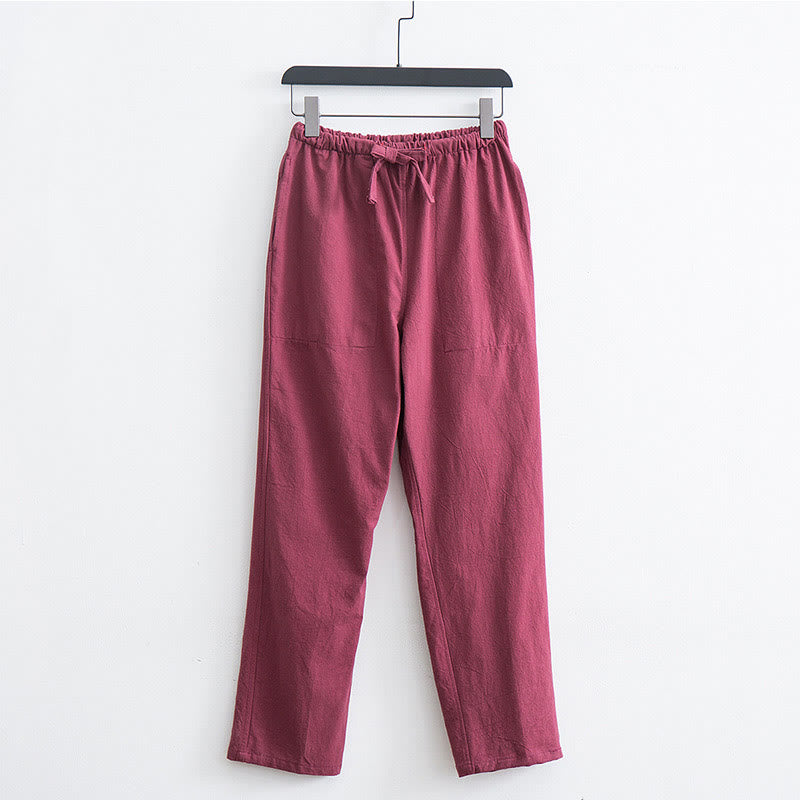 Men's Solid Color Cotton Linen Casual Drawstring Pants With Pockets