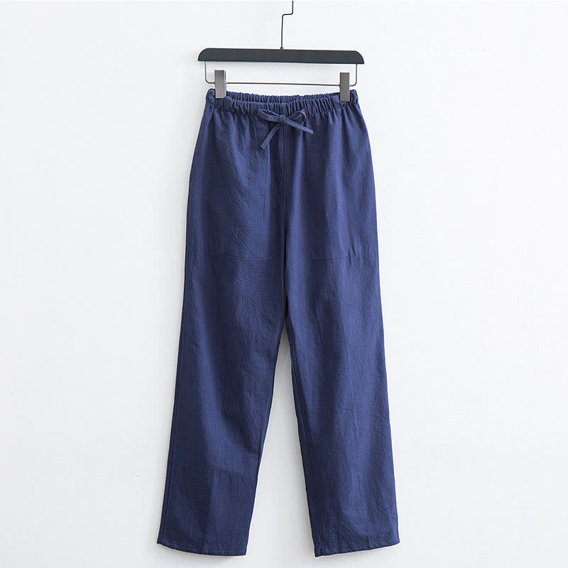 Men's Solid Color Cotton Linen Casual Drawstring Pants With Pockets