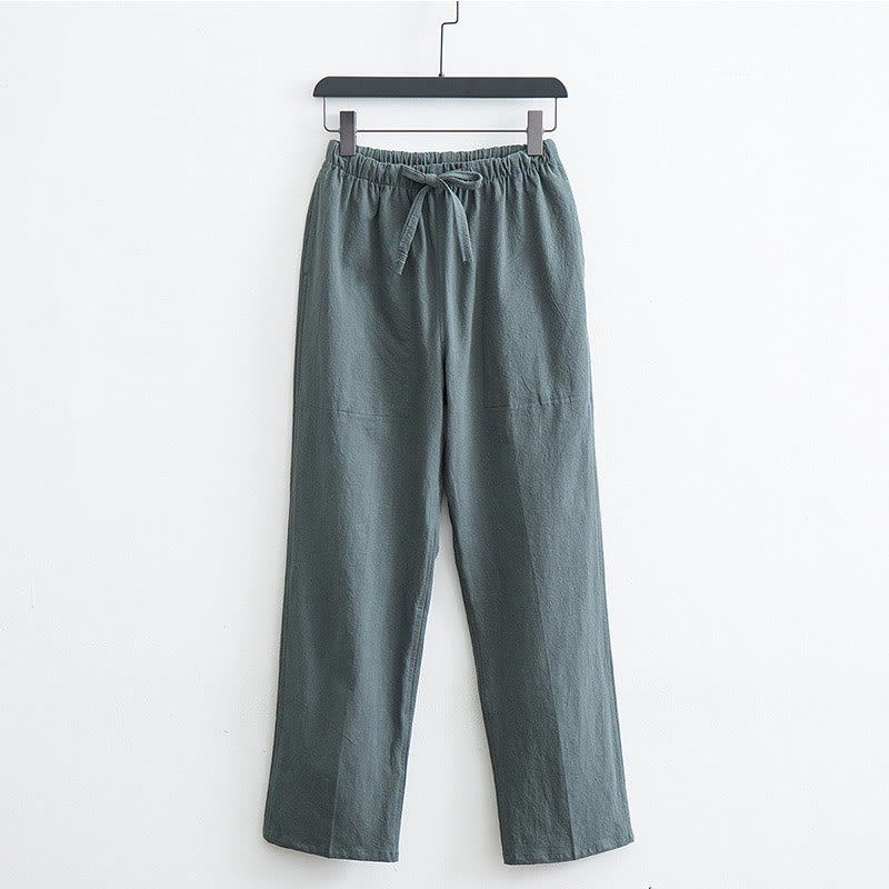 Men's Solid Color Cotton Linen Casual Drawstring Pants With Pockets