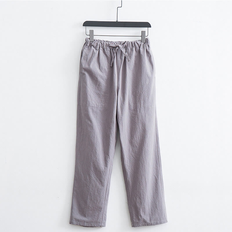 Men's Solid Color Cotton Linen Casual Drawstring Pants With Pockets