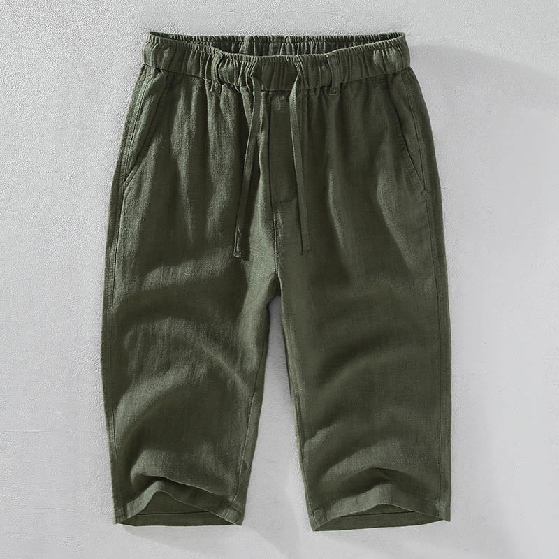 Men's Solid Color Ramie Linen Drawstring Cropped Pants With Pockets