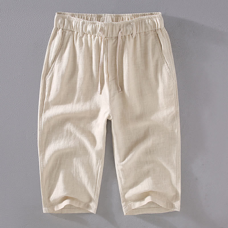 Men's Solid Color Ramie Linen Drawstring Cropped Pants With Pockets
