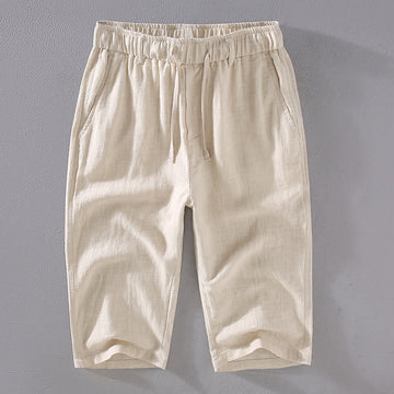 Men's Solid Color Ramie Linen Drawstring Cropped Pants With Pockets