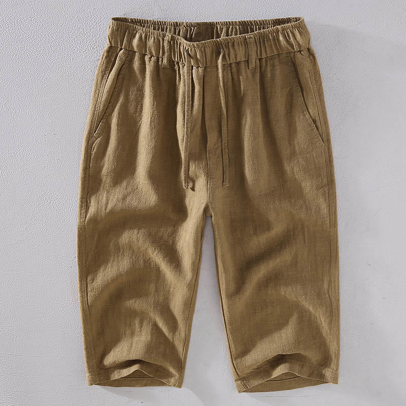 Men's Solid Color Ramie Linen Drawstring Cropped Pants With Pockets