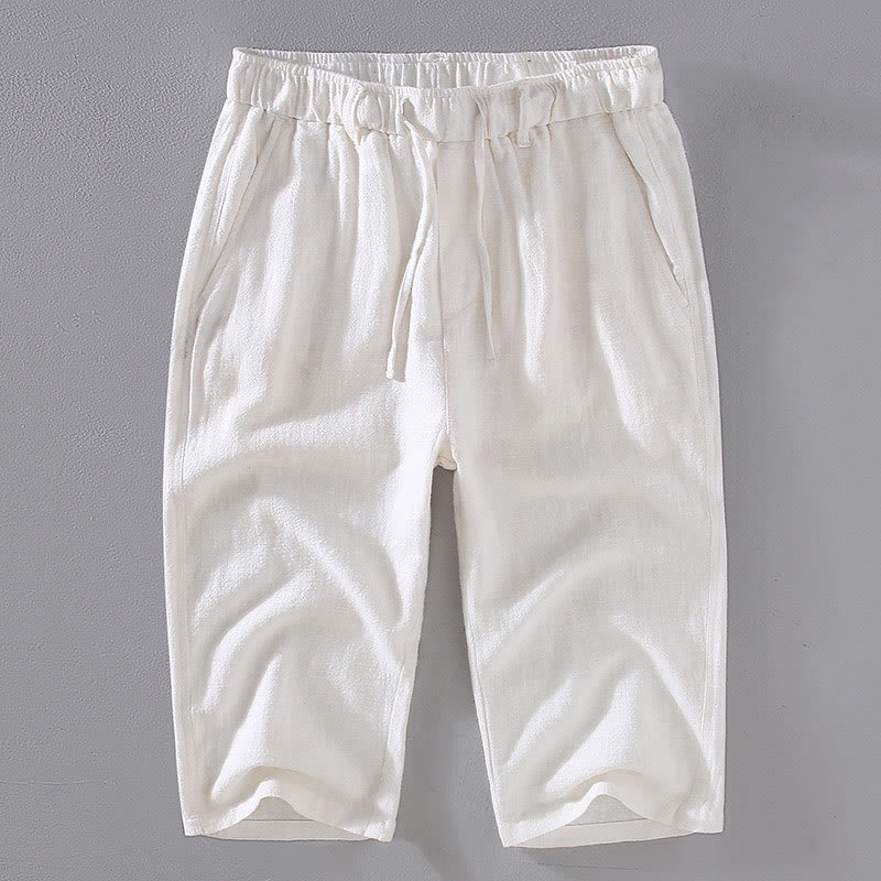 Men's Solid Color Ramie Linen Drawstring Cropped Pants With Pockets