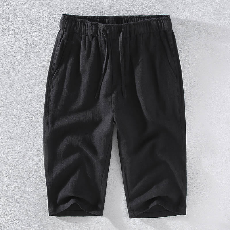 Men's Solid Color Ramie Linen Drawstring Cropped Pants With Pockets