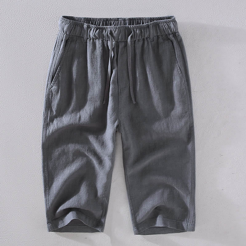 Men's Solid Color Ramie Linen Drawstring Cropped Pants With Pockets