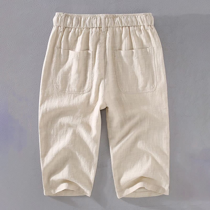 Men's Solid Color Ramie Linen Drawstring Cropped Pants With Pockets
