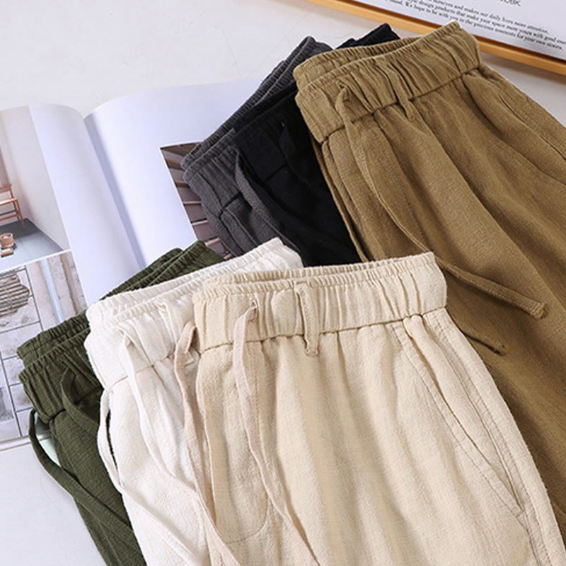 Men's Solid Color Ramie Linen Drawstring Cropped Pants With Pockets