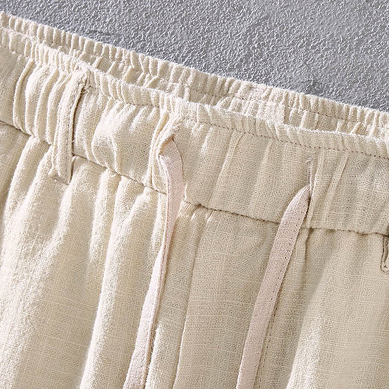 Men's Solid Color Ramie Linen Drawstring Cropped Pants With Pockets