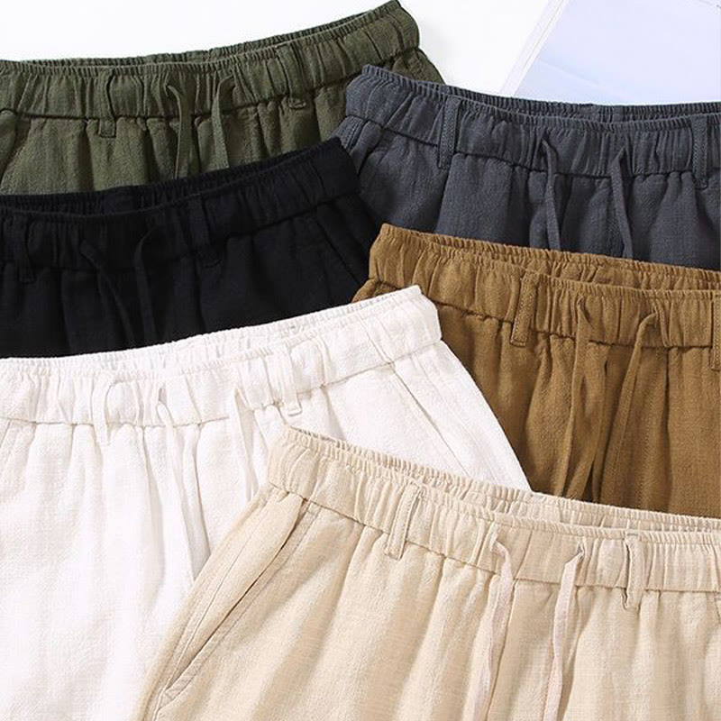 Men's Solid Color Ramie Linen Drawstring Cropped Pants With Pockets