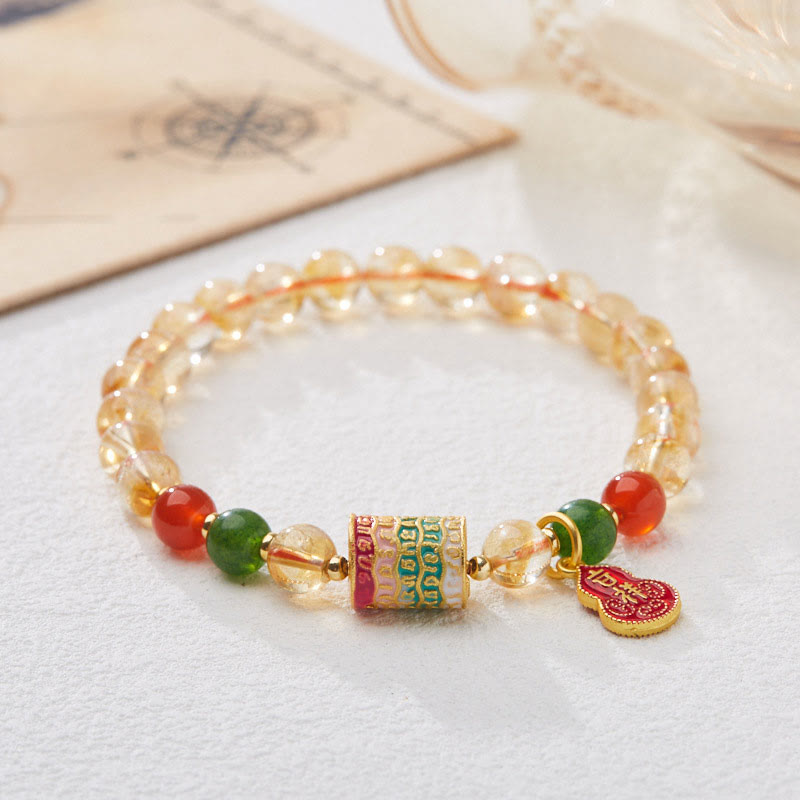 Natural Citrine Red Agate & Green Chalcedony Wu Lou Scripture Bracelet