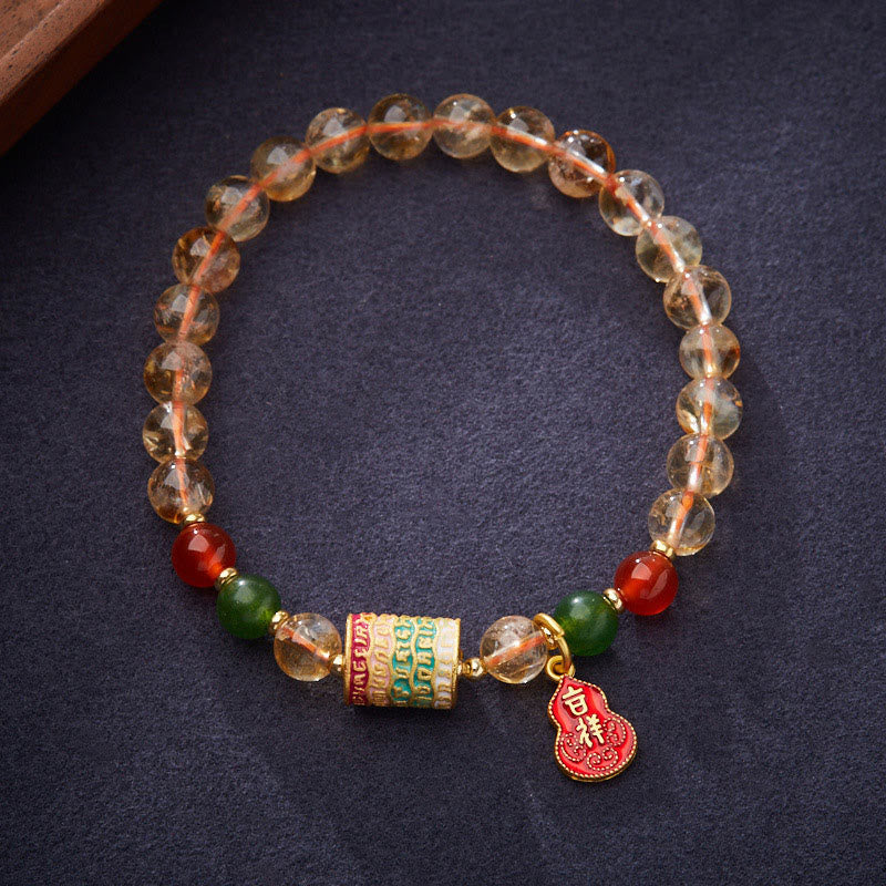 Natural Citrine Red Agate & Green Chalcedony Wu Lou Scripture Bracelet