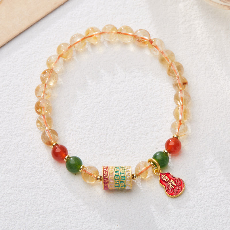 Natural Citrine Red Agate & Green Chalcedony Wu Lou Scripture Bracelet
