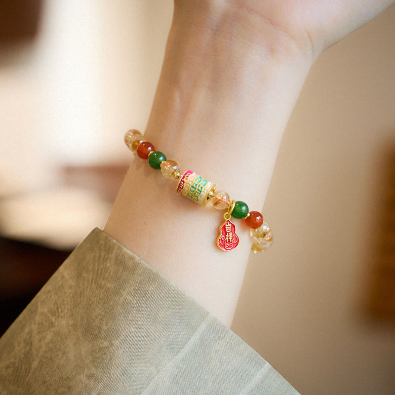 Natural Citrine Red Agate & Green Chalcedony Wu Lou Scripture Bracelet