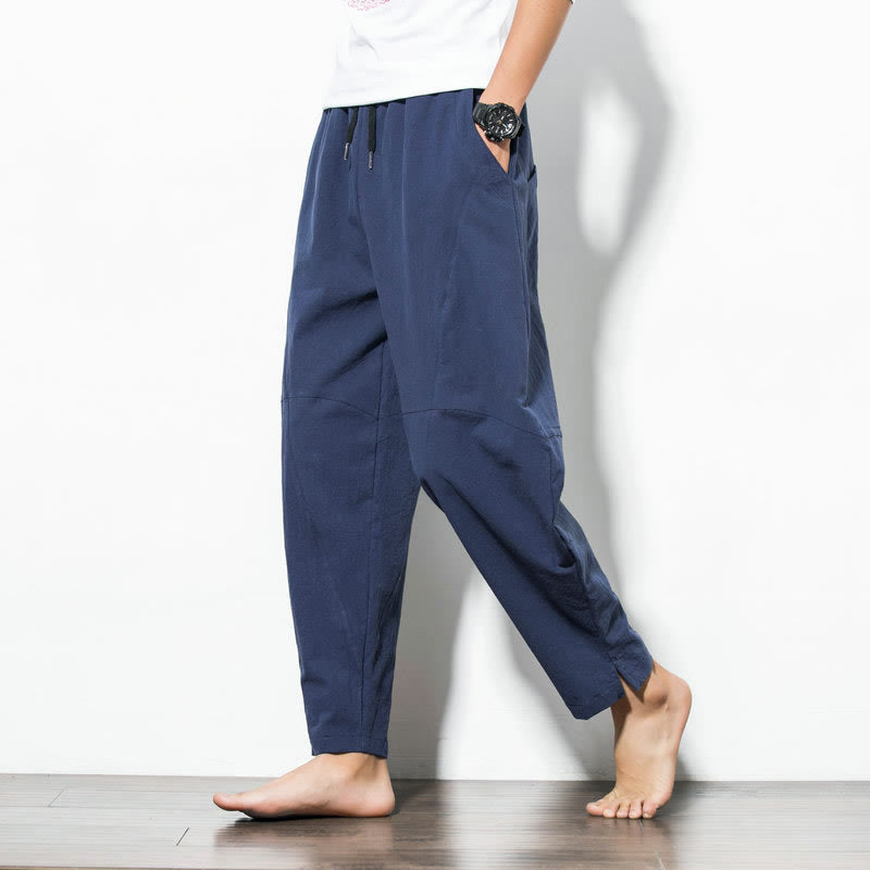 Casual Men's Solid Color Cotton Drawstring Pants With Pockets