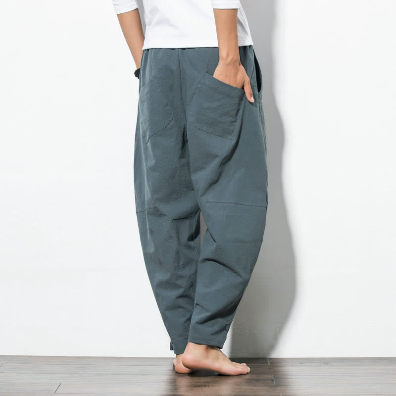 Casual Men's Solid Color Cotton Drawstring Pants With Pockets