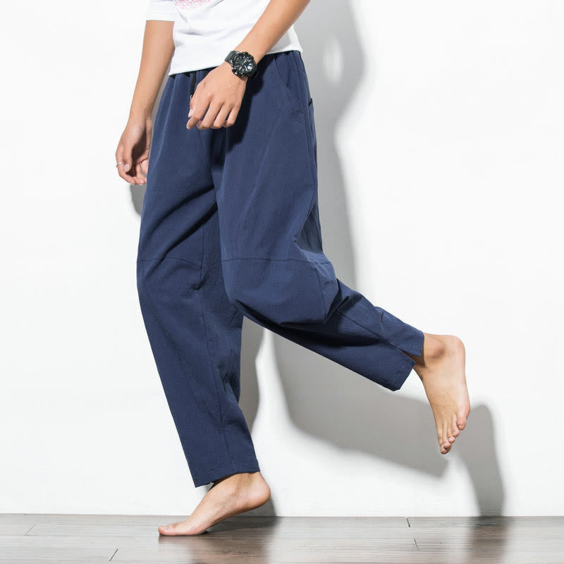 Casual Men's Solid Color Cotton Drawstring Pants With Pockets