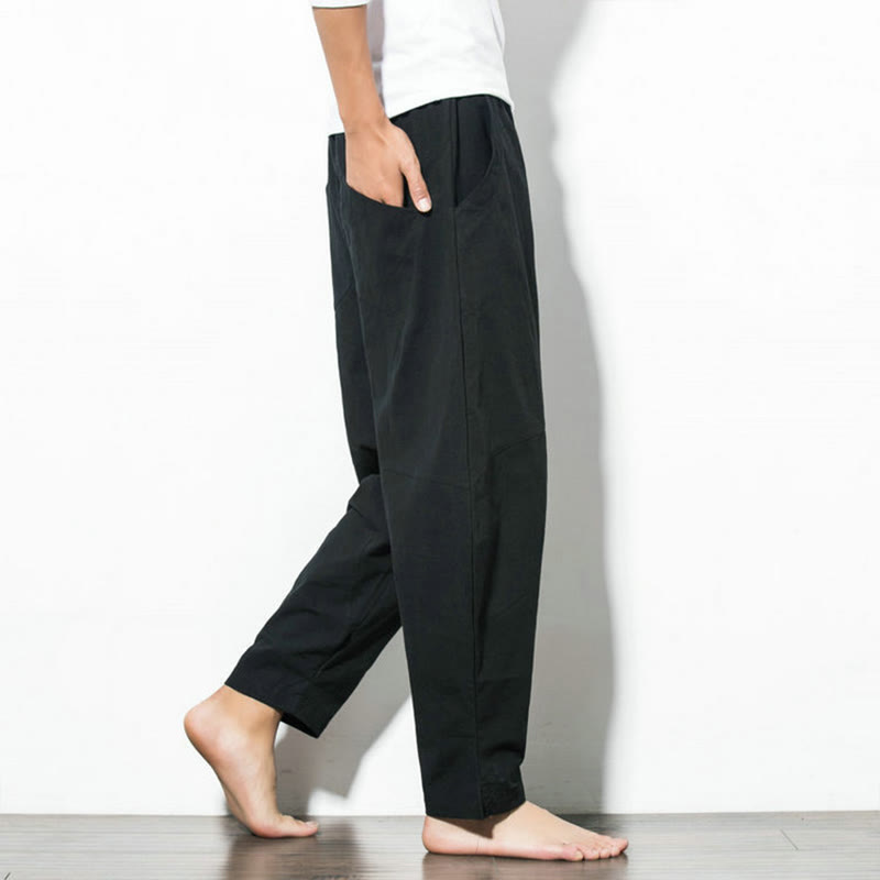 Casual Men's Solid Color Cotton Drawstring Pants With Pockets