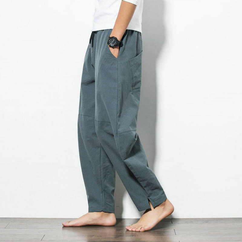 Casual Men's Solid Color Cotton Drawstring Pants With Pockets
