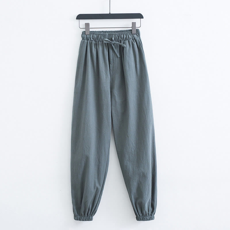 Solid Color Cotton Linen Casual Men's Harem Pants With Pockets