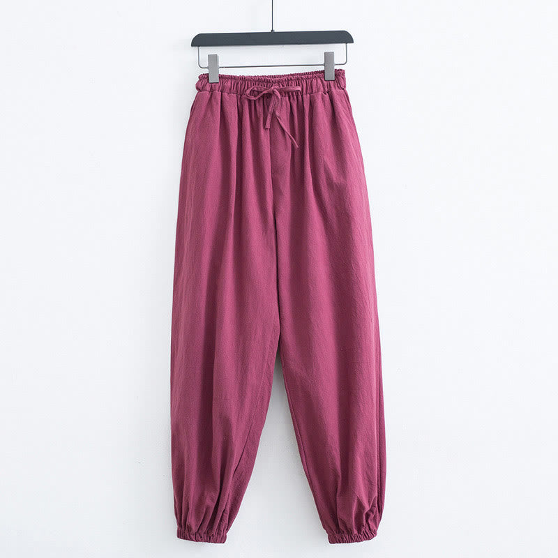 Solid Color Cotton Linen Casual Men's Harem Pants With Pockets