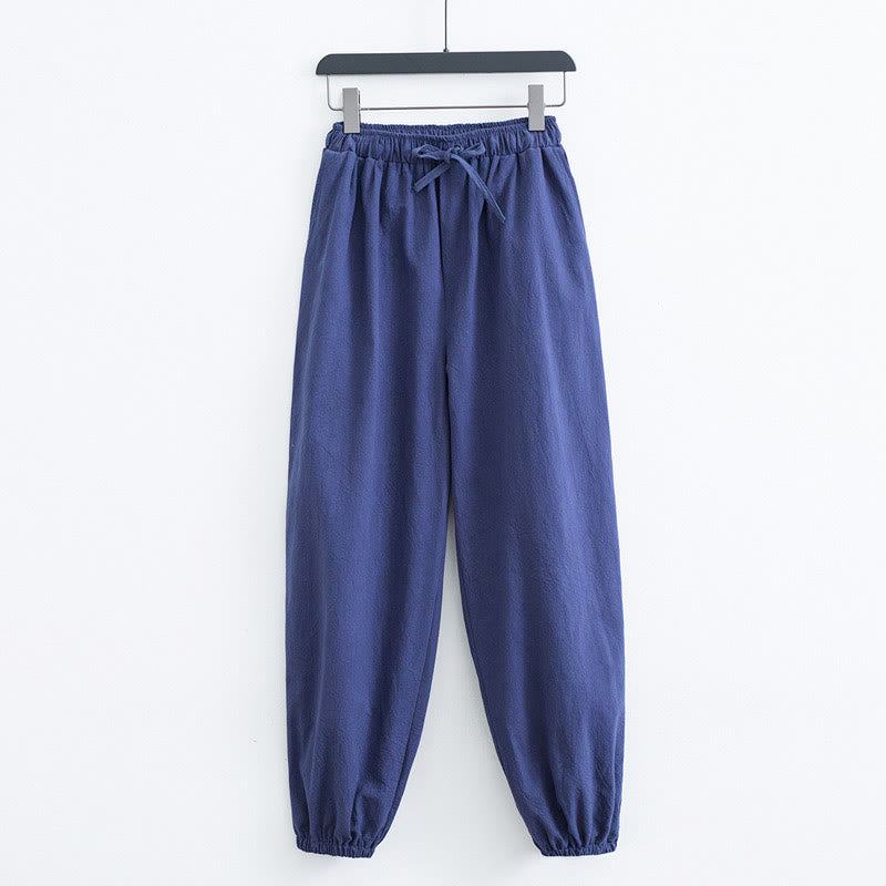 Solid Color Cotton Linen Casual Men's Harem Pants With Pockets