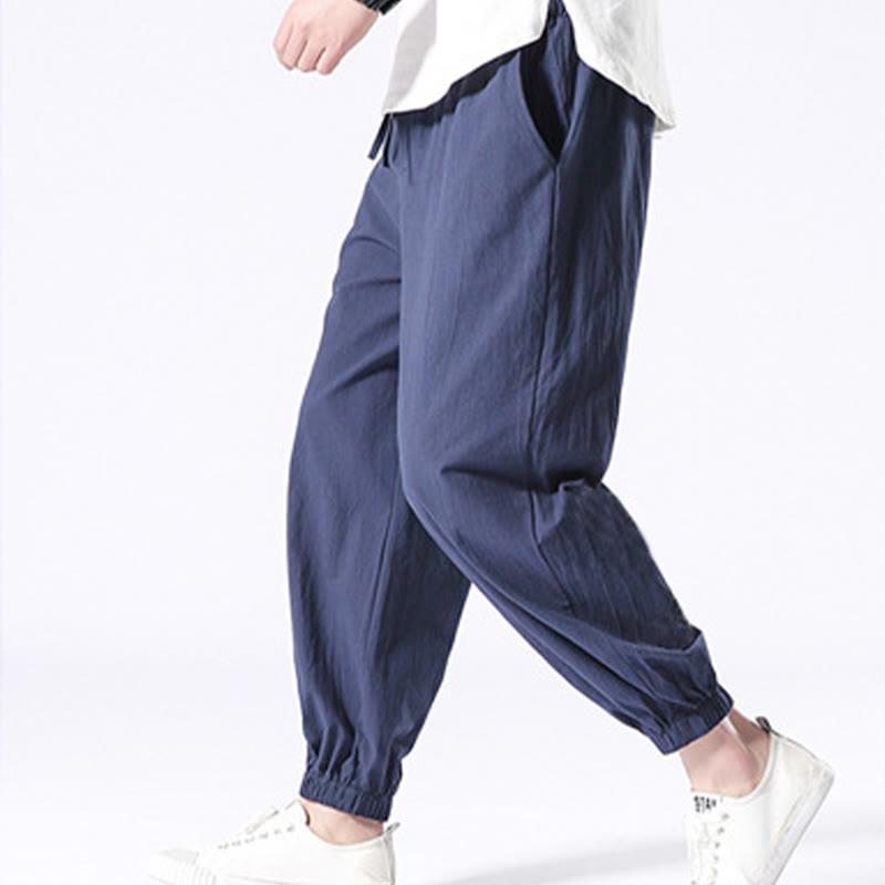 Solid Color Cotton Linen Casual Men's Harem Pants With Pockets
