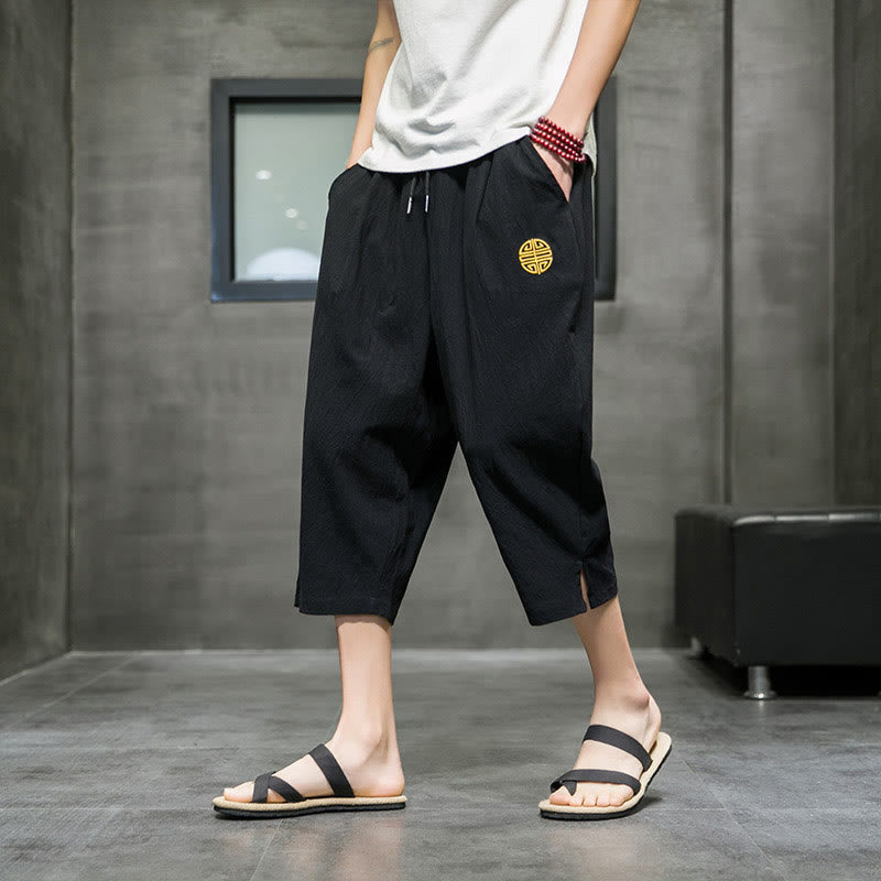 Summer Men's Linen Drawstring Cropped Pants With Pockets