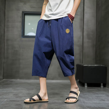 Summer Men's Linen Drawstring Cropped Pants With Pockets