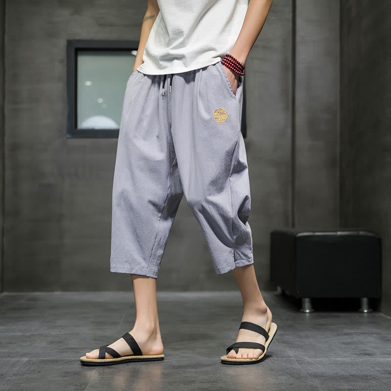 Summer Men's Linen Drawstring Cropped Pants With Pockets