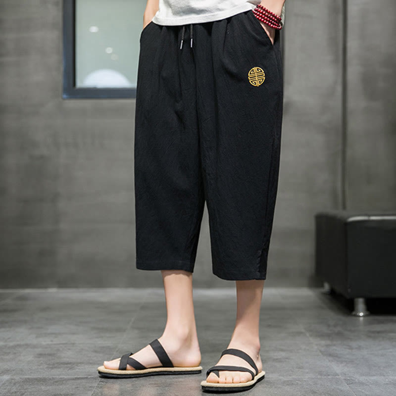 Summer Men's Linen Drawstring Cropped Pants With Pockets