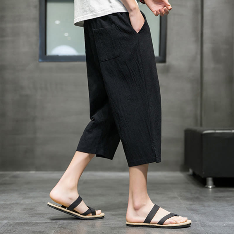 Summer Men's Linen Drawstring Cropped Pants With Pockets
