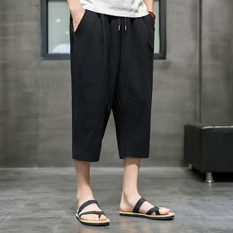 Summer Men's Linen Drawstring Cropped Pants With Pockets