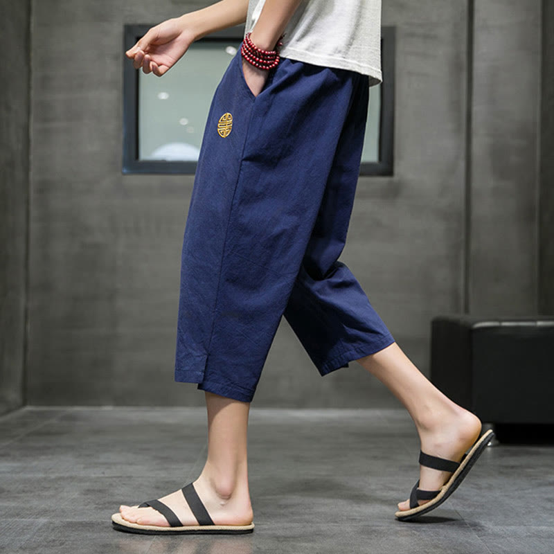 Summer Men's Linen Drawstring Cropped Pants With Pockets