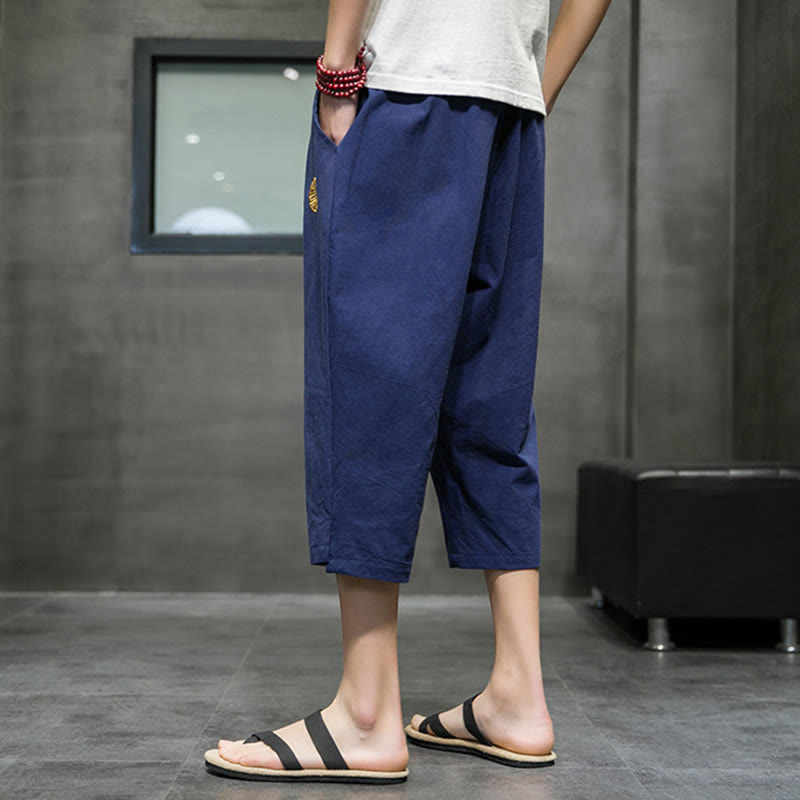 Summer Men's Linen Drawstring Cropped Pants With Pockets