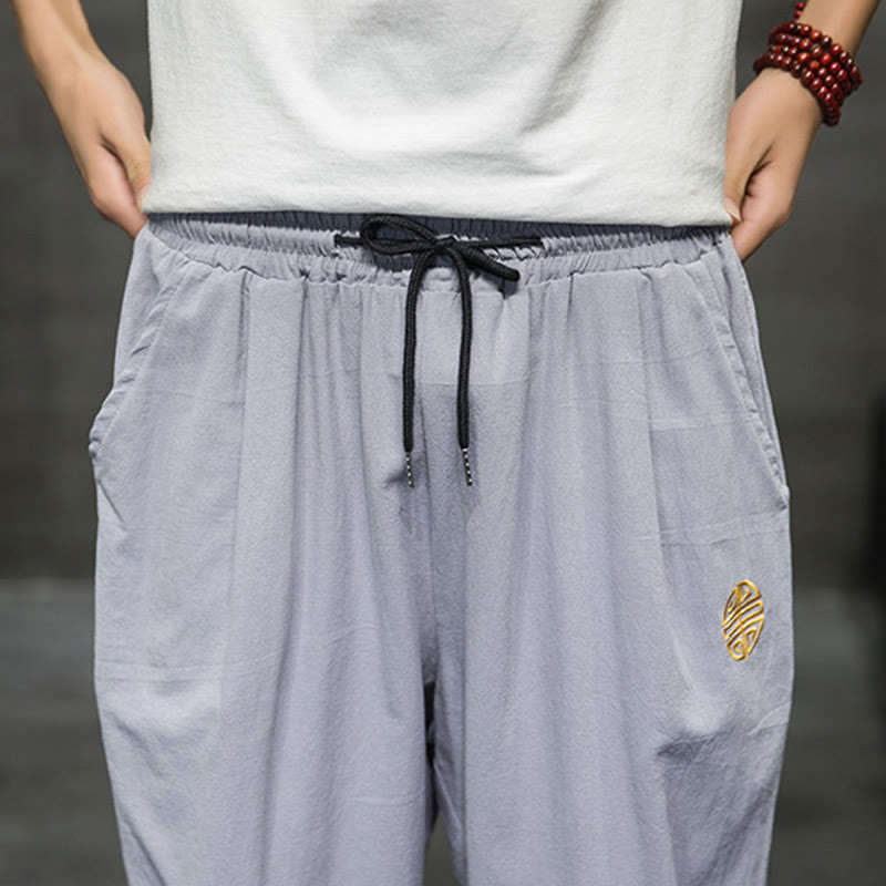 Summer Men's Linen Drawstring Cropped Pants With Pockets