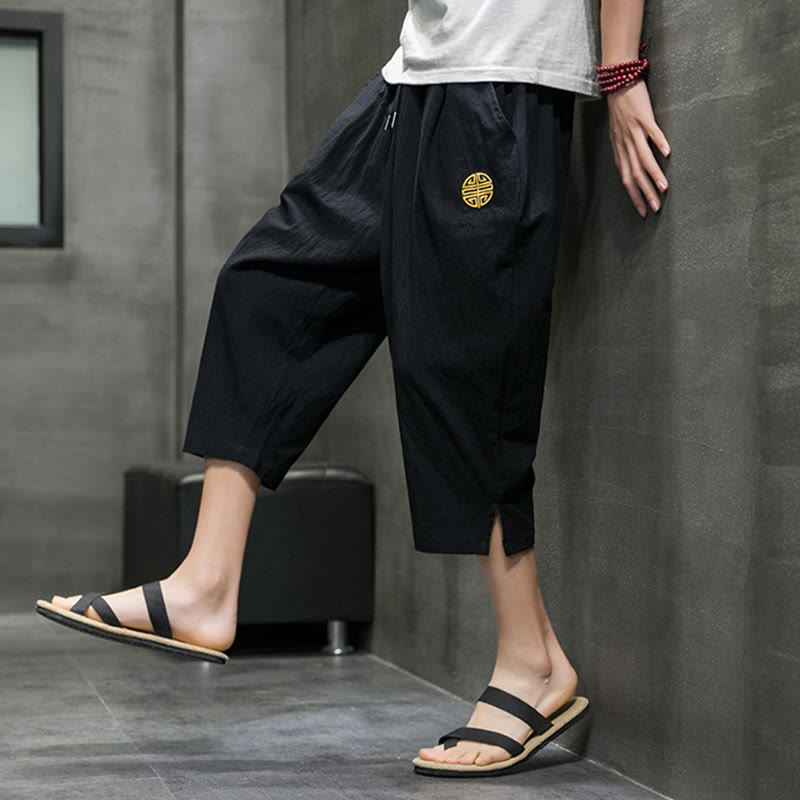Summer Men's Linen Drawstring Cropped Pants With Pockets