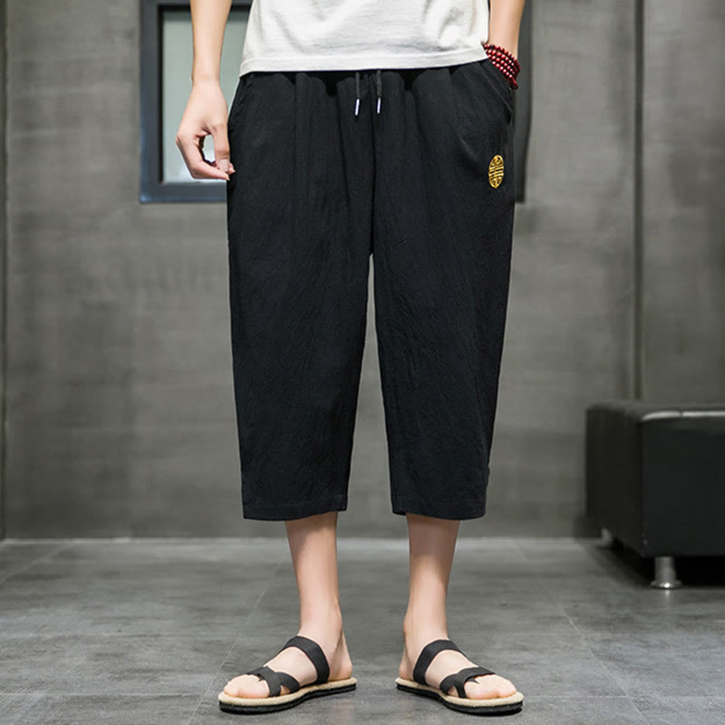 Summer Men's Linen Drawstring Cropped Pants With Pockets