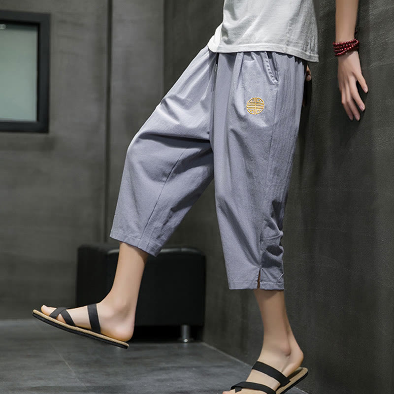 Summer Men's Linen Drawstring Cropped Pants With Pockets