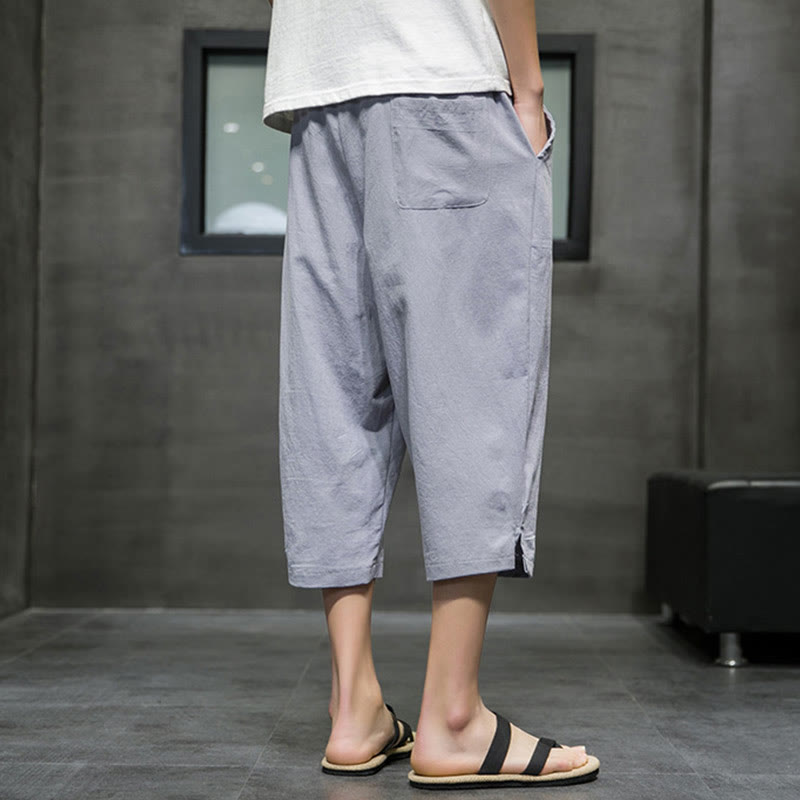 Summer Men's Linen Drawstring Cropped Pants With Pockets