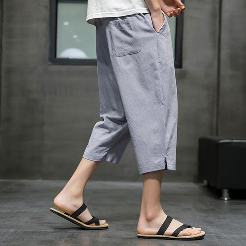 Summer Men's Linen Drawstring Cropped Pants With Pockets