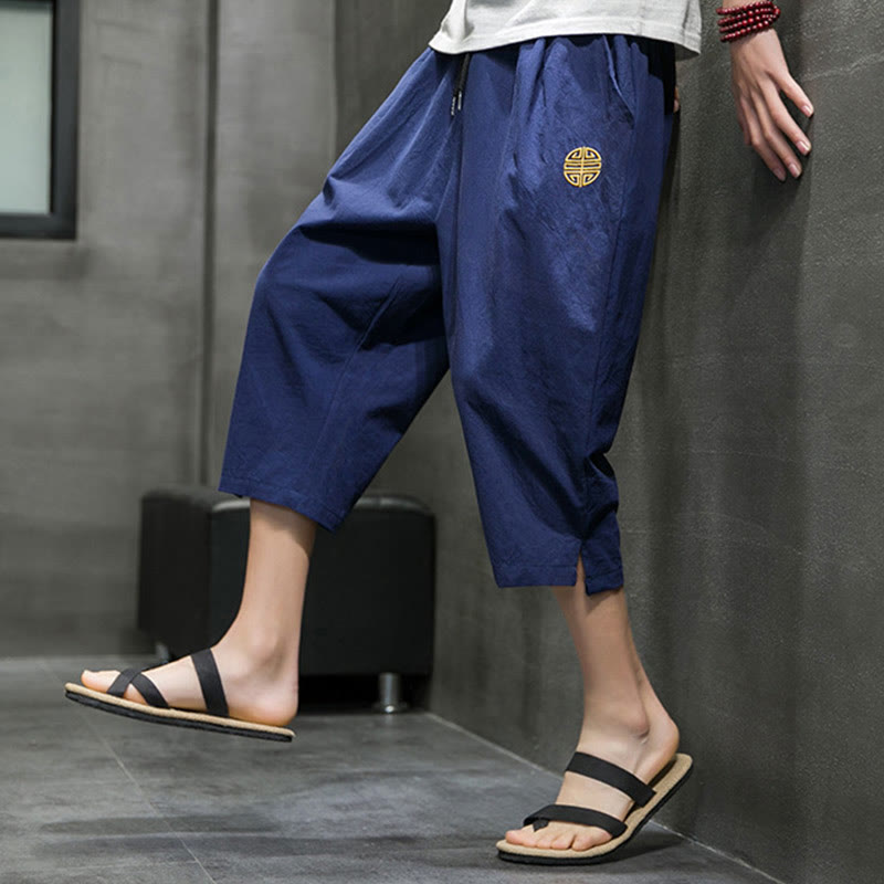 Summer Men's Linen Drawstring Cropped Pants With Pockets