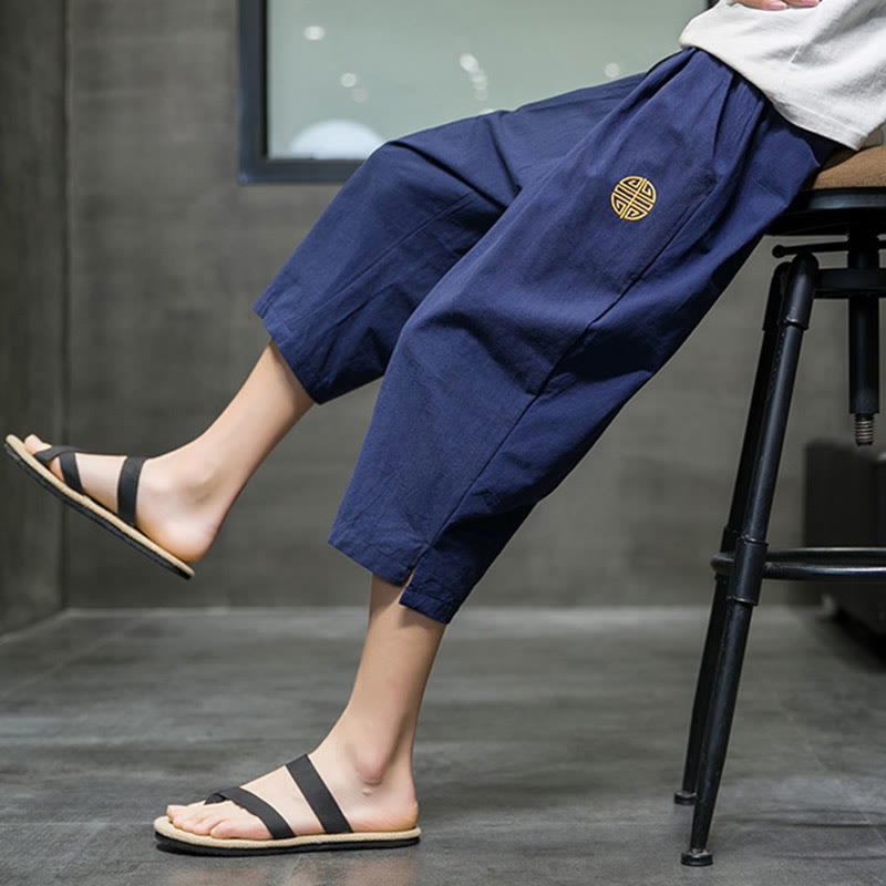 Summer Men's Linen Drawstring Cropped Pants With Pockets