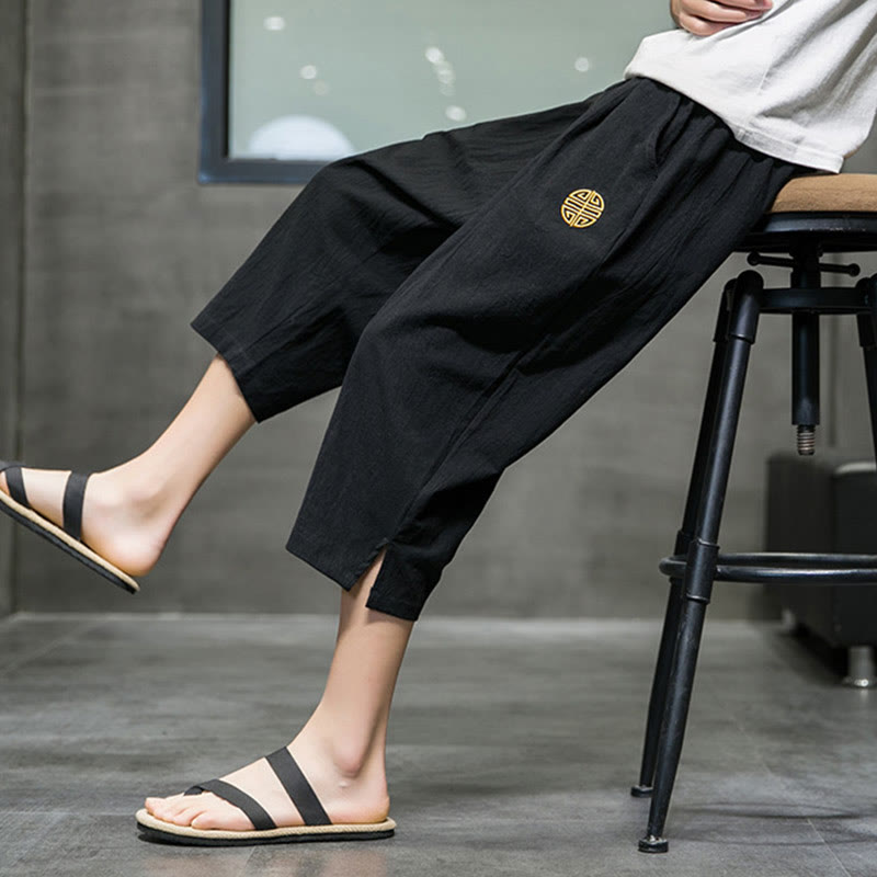 Summer Men's Linen Drawstring Cropped Pants With Pockets
