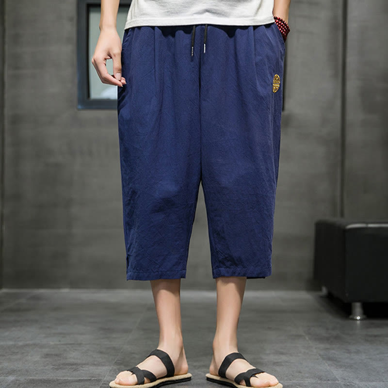 Summer Men's Linen Drawstring Cropped Pants With Pockets