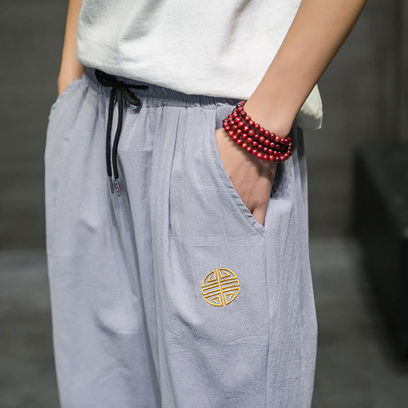 Summer Men's Linen Drawstring Cropped Pants With Pockets